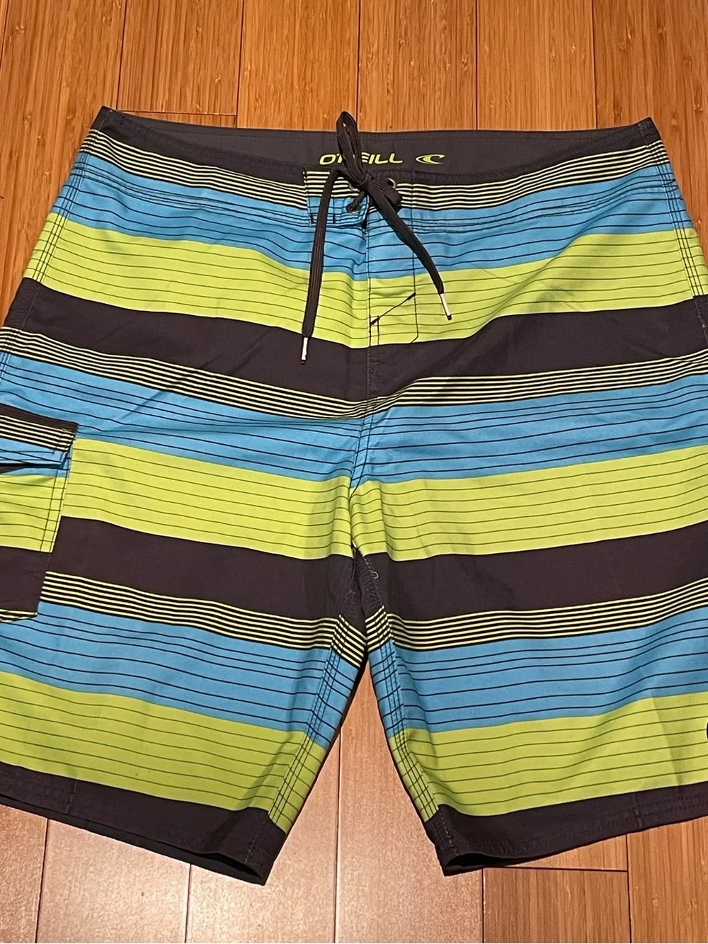 O'Neill Men's Blue, Lime Green & Black Striped Board Shorts